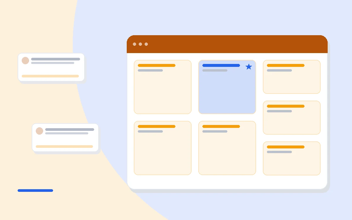 Flat illustration of an email list funnel from visitor to lead magnet to signup form to subscriber list, deep blue and amber palette