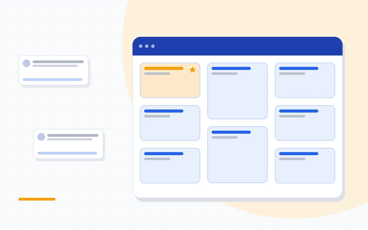 Flat illustration of a two-week CRM trial checklist with contact import, pipeline stages and export steps, deep blue and amber palette