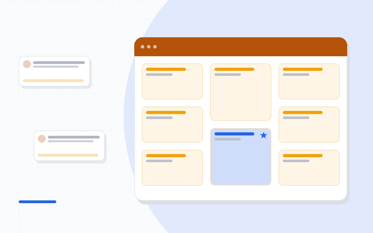 Flat illustration of a marketing automation workflow beside a CRM contact record and a landing page builder, deep blue and amber palette