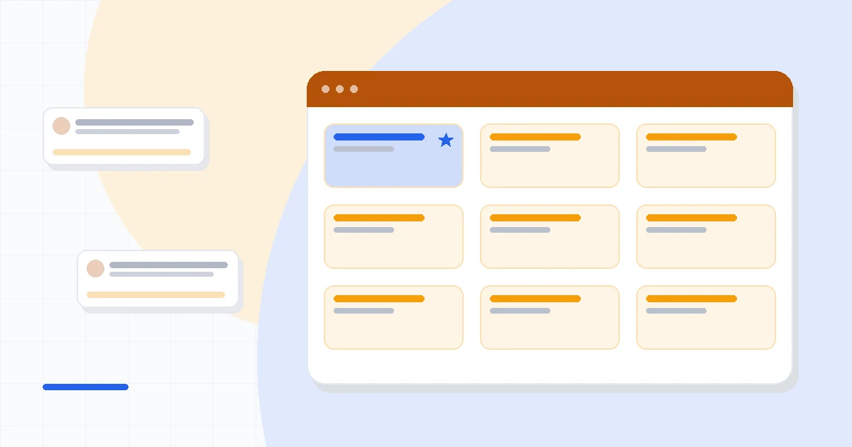 Flat illustration of a marketing automation workflow beside a CRM contact record and a landing page builder, deep blue and amber palette