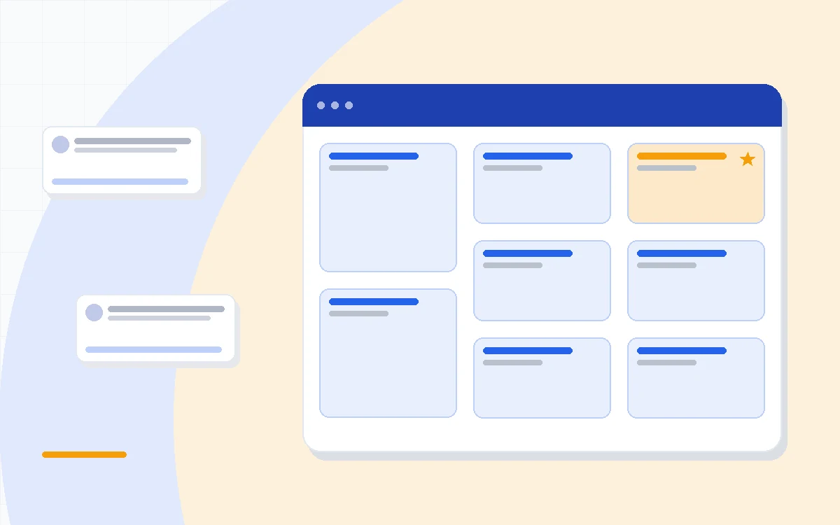 Flat illustration of a sales deal record transforming into a project board with milestones and tasks on one screen, deep blue and amber palette