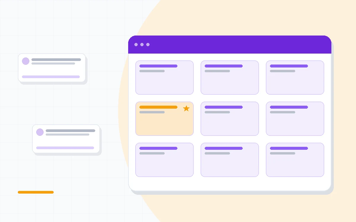 Flat illustration of a marketing campaign dashboard generating coordinated email, social and landing page assets from a single brand voice profile, deep blue and amber palette