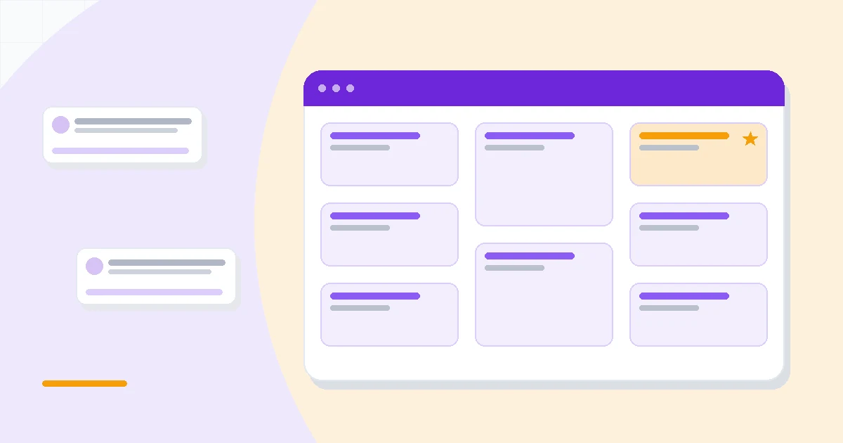 Flat illustration of a marketing campaign dashboard generating coordinated email, social and landing page assets from a single brand voice profile, deep blue and amber palette