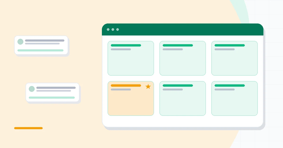 Flat illustration of a sprint board with bug and story cards, release version markers and developer tool connections, deep blue and amber palette