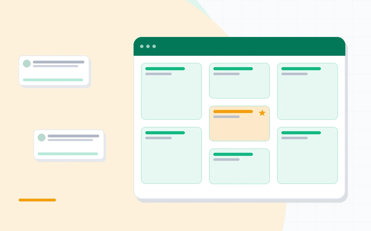 Flat illustration of a sprint board with bug and story cards, release version markers and developer tool connections, deep blue and amber palette