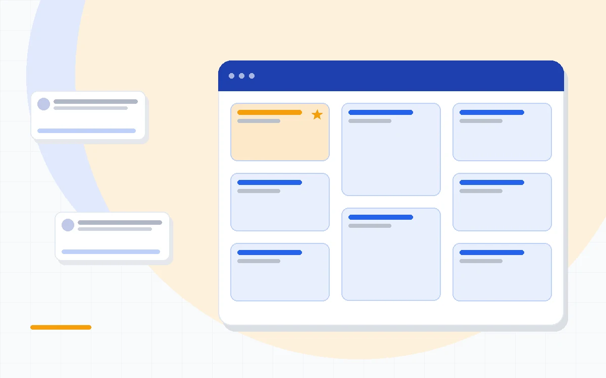 Flat illustration of a service business automation canvas connecting appointment cards, email sequences, quotes and payment steps into one workflow, deep blue and amber palette