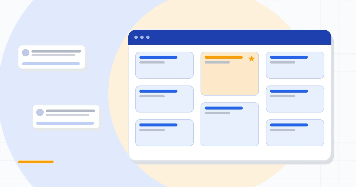 Flat illustration of a service business automation canvas connecting appointment cards, email sequences, quotes and payment steps into one workflow, deep blue and amber palette