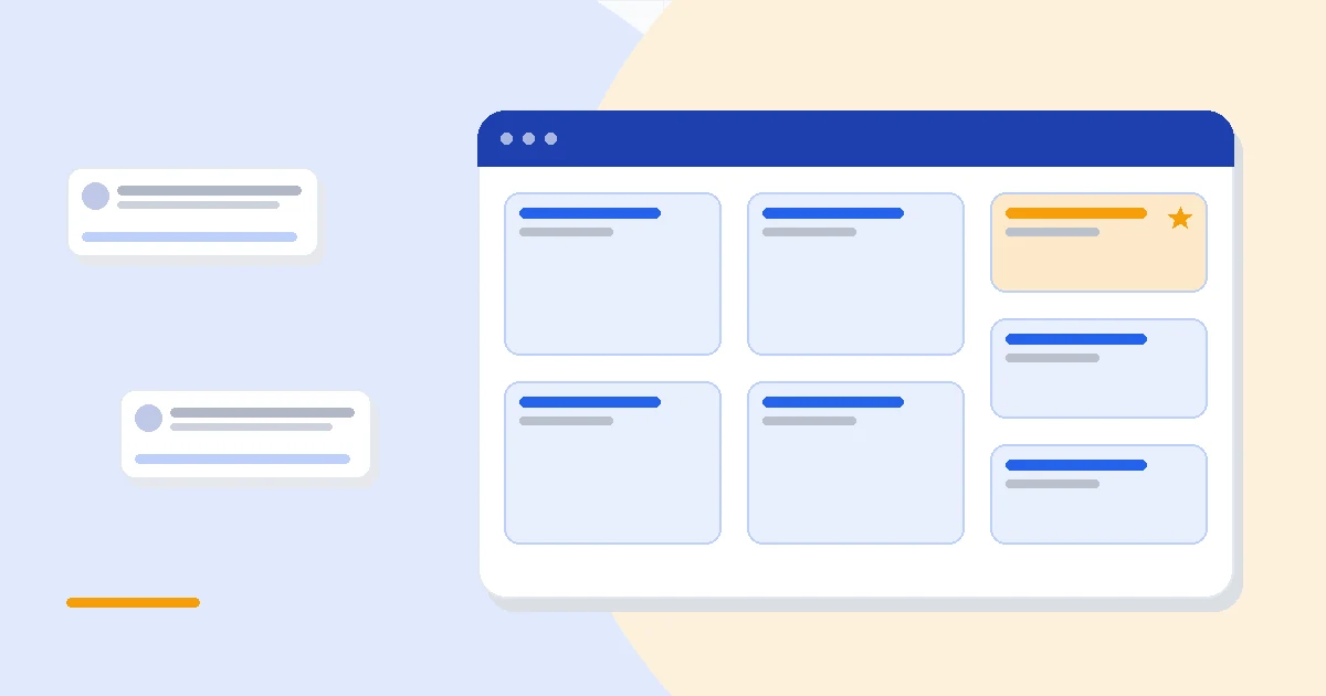 Flat illustration of two CRM dashboards side by side with an automation flow between them, deep blue and amber palette