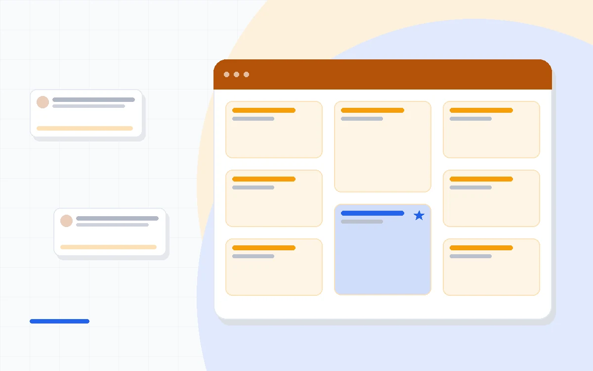 Flat illustration of two newsletter dashboards, one with automation flows and one with growth charts, deep blue and amber palette