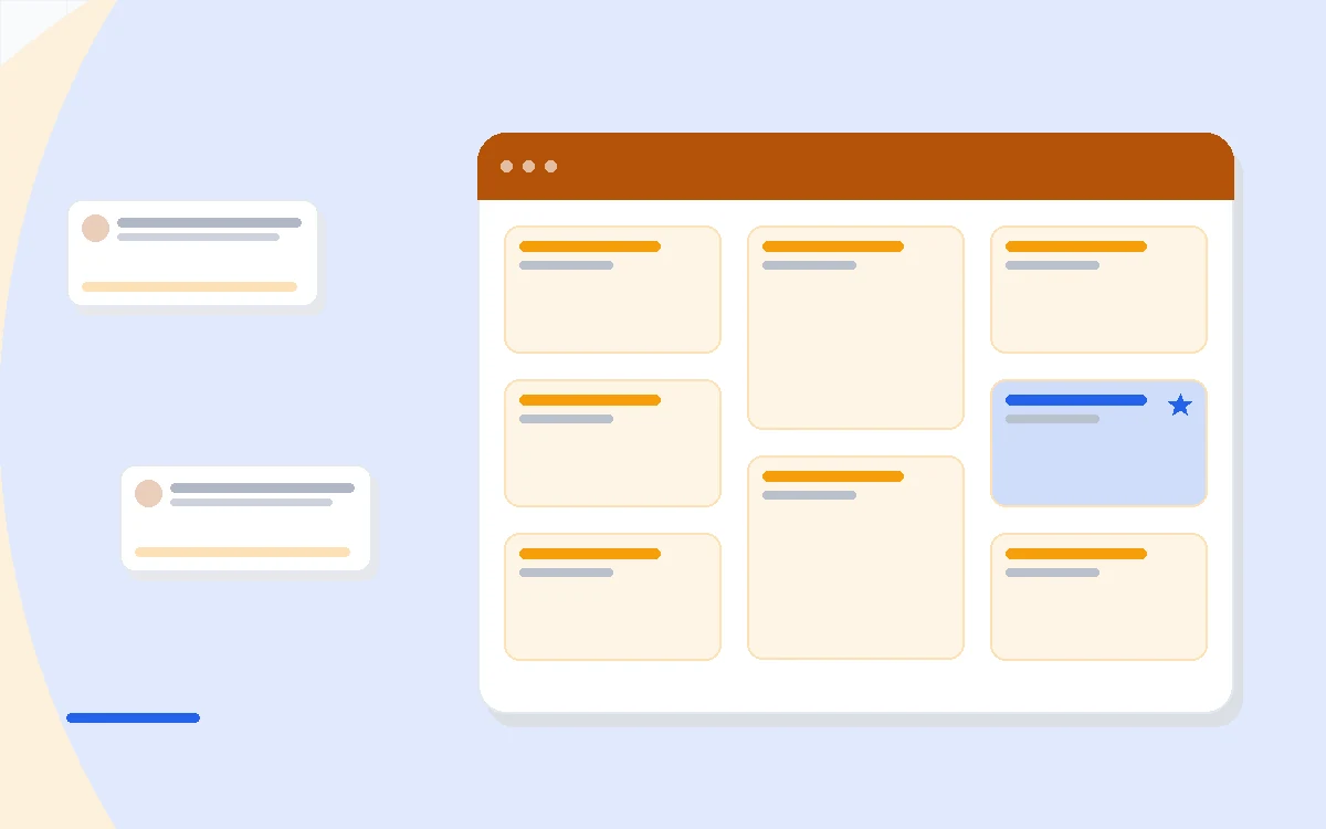 Flat illustration of customer profiles fused with order data, browse behavior and predictive scores on a store dashboard, deep blue and amber palette