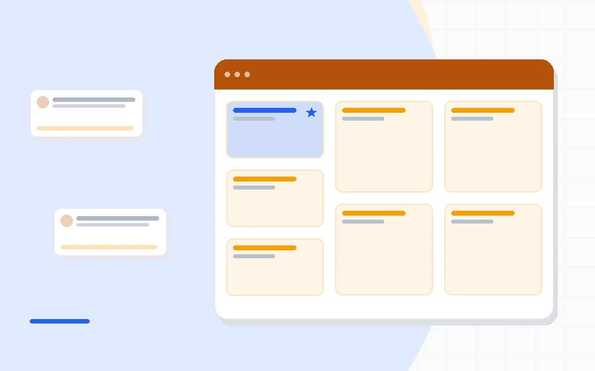 Flat illustration of a storefront data stream on one side and a branching automation map on the other, deep blue and amber palette