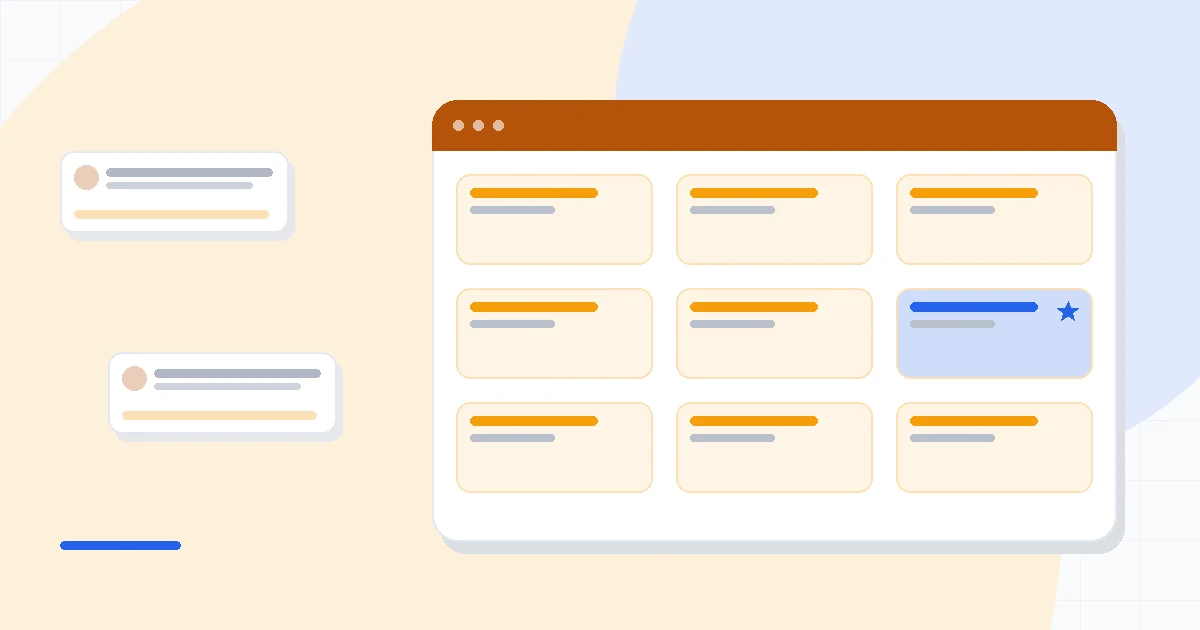 Flat illustration of a storefront data stream beside a branching automation map, deep blue and amber palette