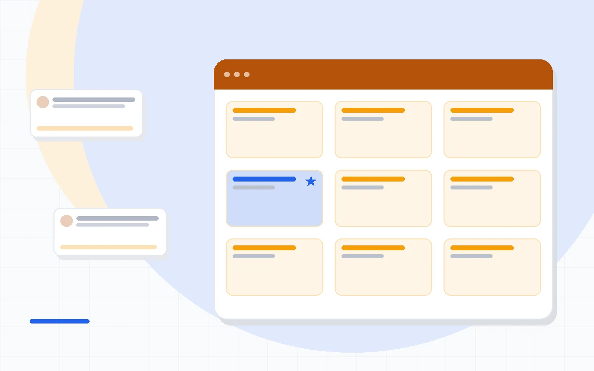 Flat illustration of an online store with email envelopes and a shopping cart, deep blue and amber palette
