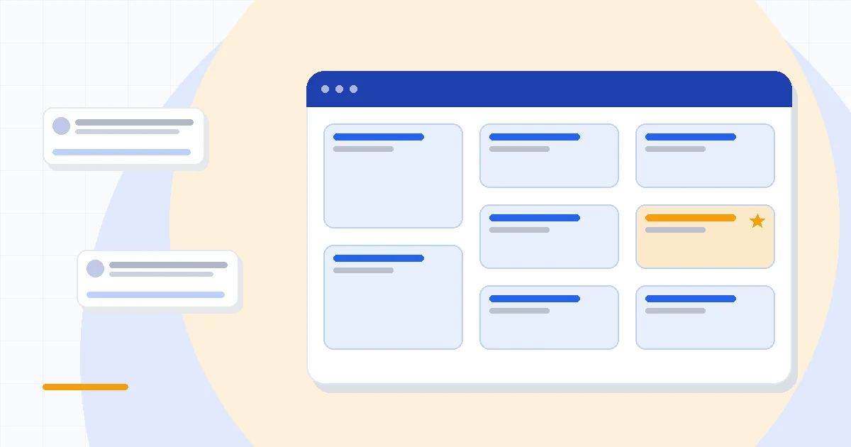 Flat illustration of a single clean CRM contact card beside a bold flat-rate price tag, deep blue and amber palette