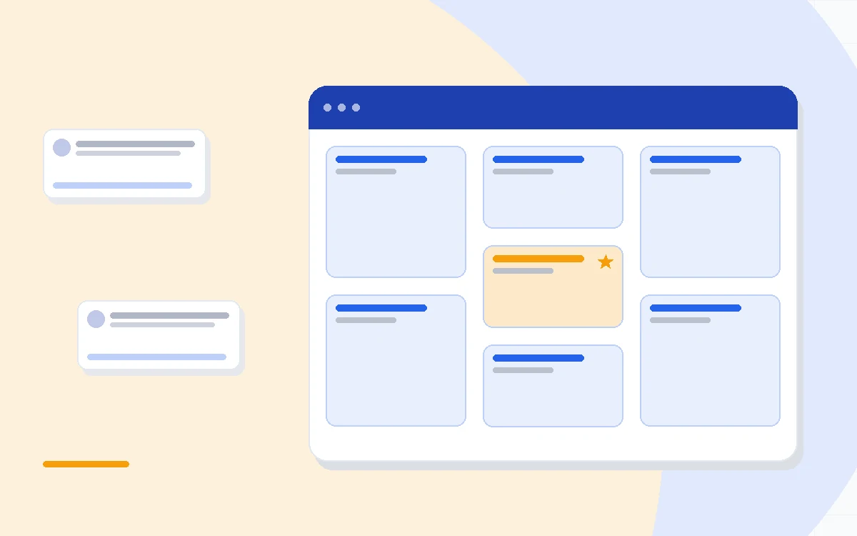 Flat illustration of a single clean CRM contact card beside a simple flat-rate price tag, deep blue and amber palette