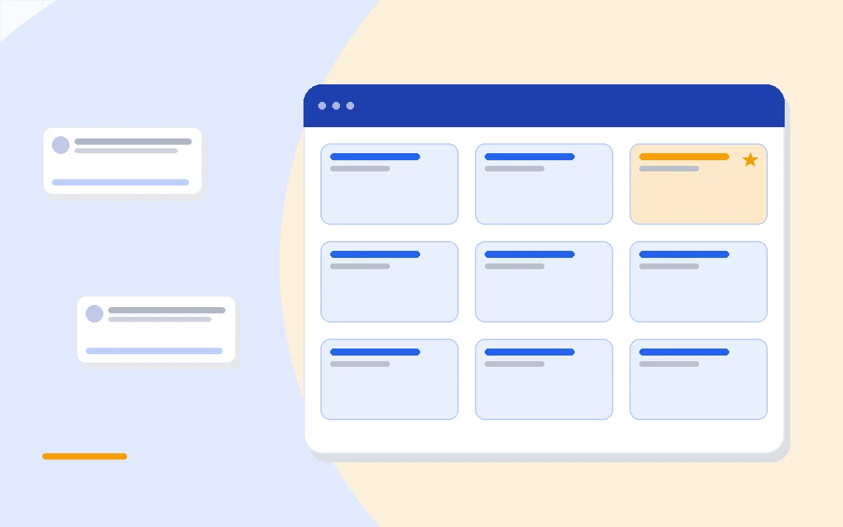 Flat illustration of a simple contact card beside a larger layered dashboard, deep blue and amber palette