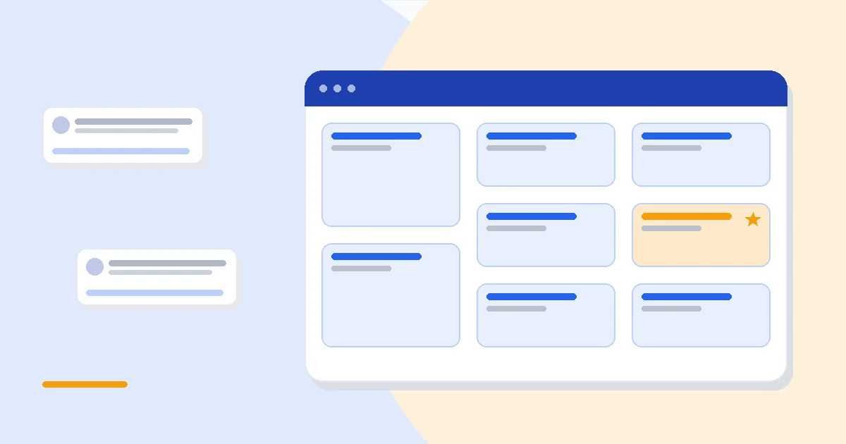 Flat illustration of a simple contact card beside a larger layered dashboard, deep blue and amber palette