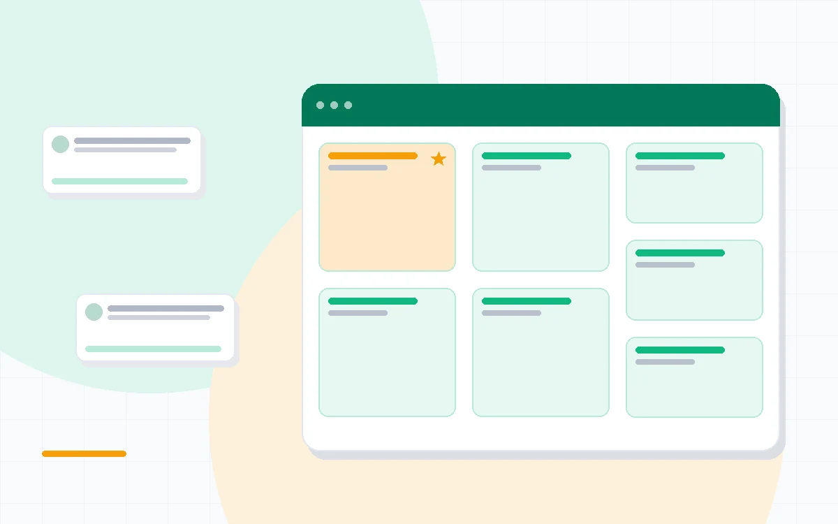 Flat illustration of a clean kanban board beside a complex workflow diagram, deep blue and amber palette