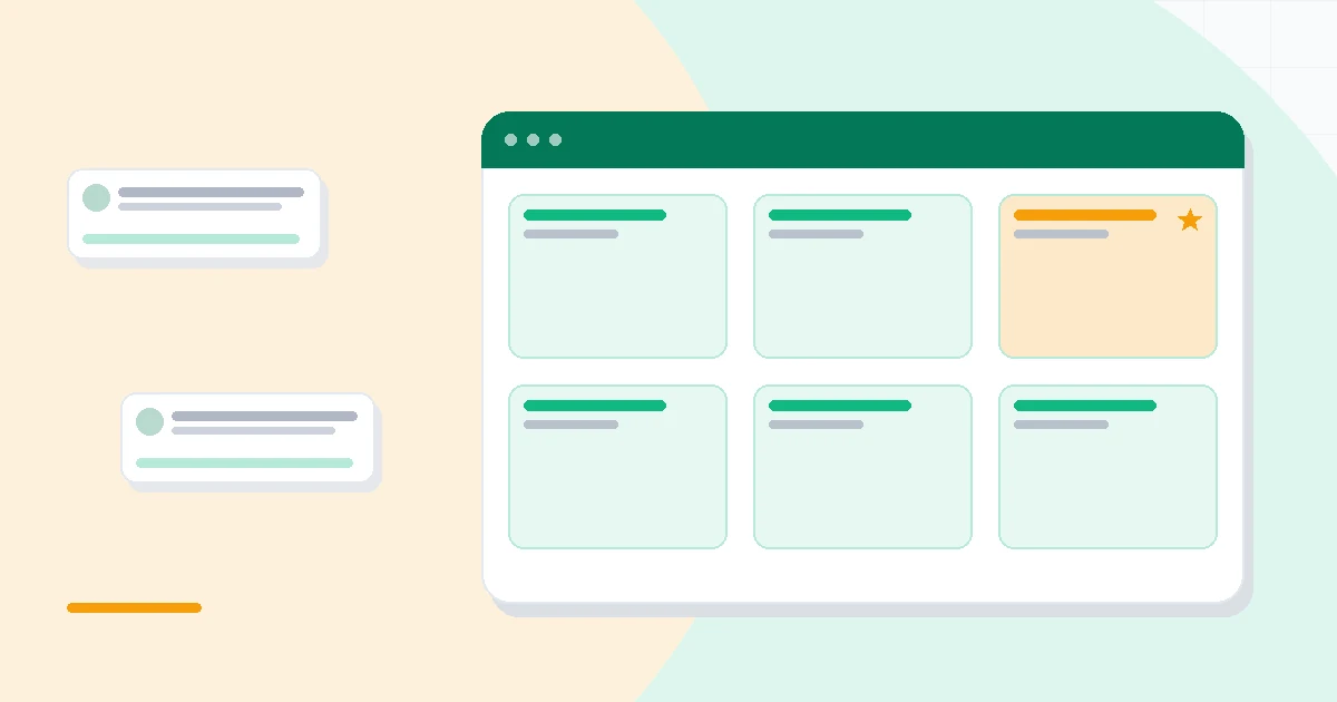 Flat illustration of a clean kanban board beside a complex workflow diagram, deep blue and amber palette