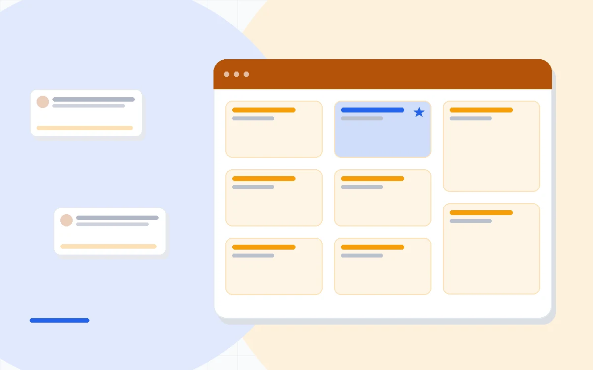 Flat illustration of an email envelope icon beside a developer API bracket symbol and a SaaS dashboard, deep blue and amber palette