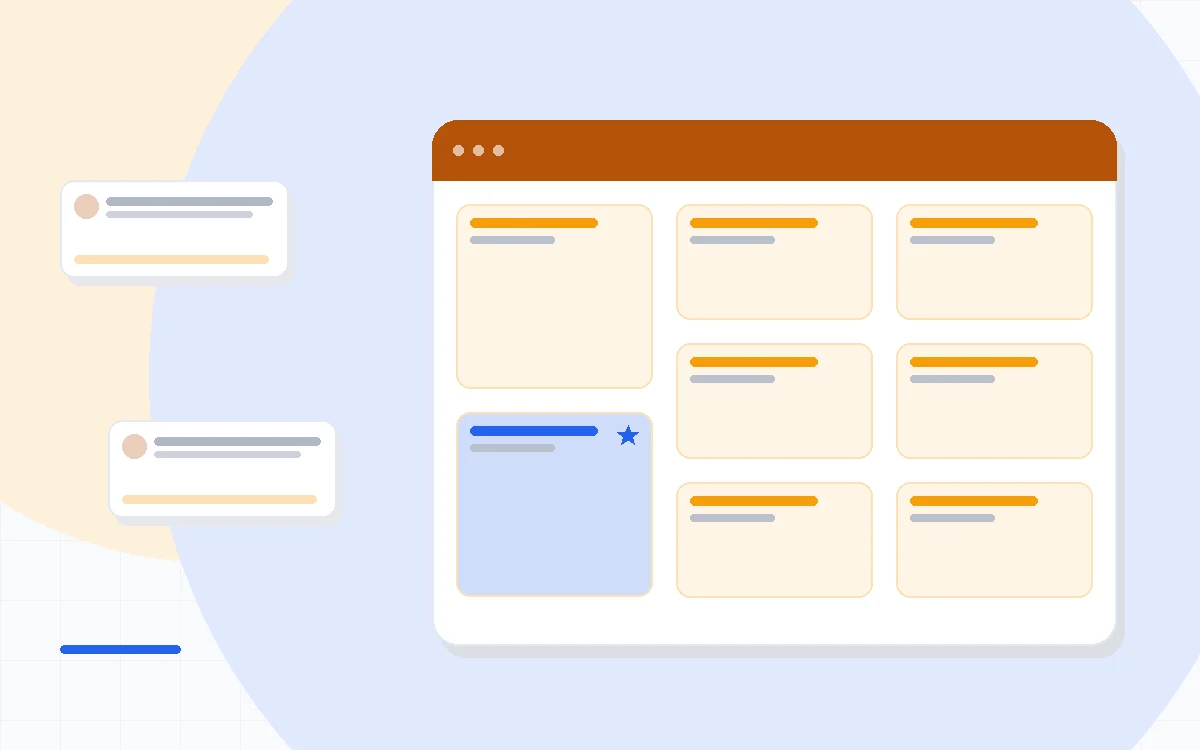Flat illustration of an email envelope with growing price tags as the contact list grows, deep blue and amber palette