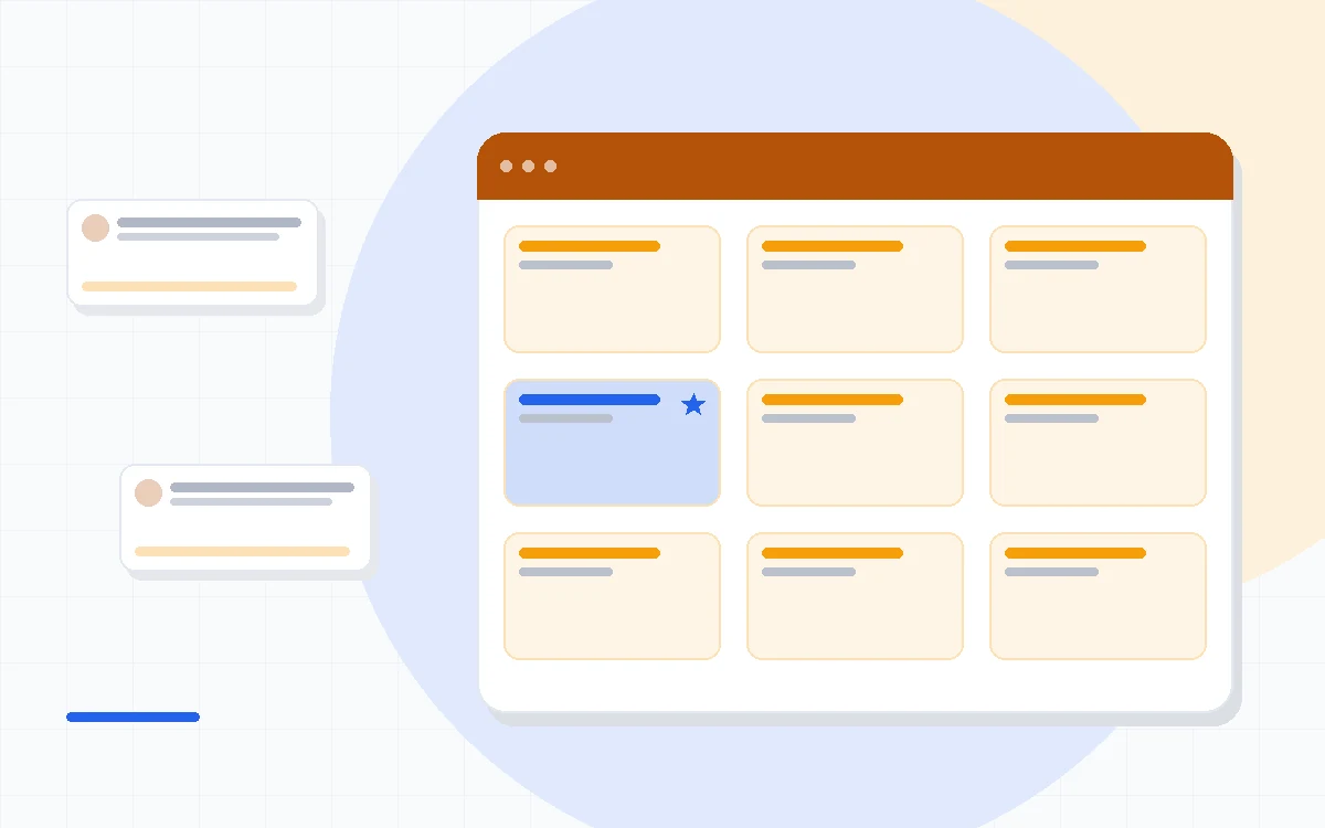 Flat illustration of a simple newsletter on one side and a branching automation flow on the other, deep blue and amber palette