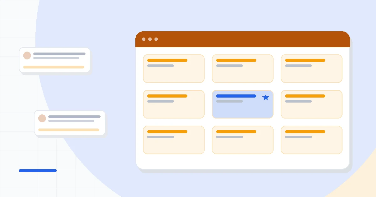 Flat illustration of an email newsletter card beside a price tag, a growing subscriber bar chart, and a small website builder window, deep blue and amber palette