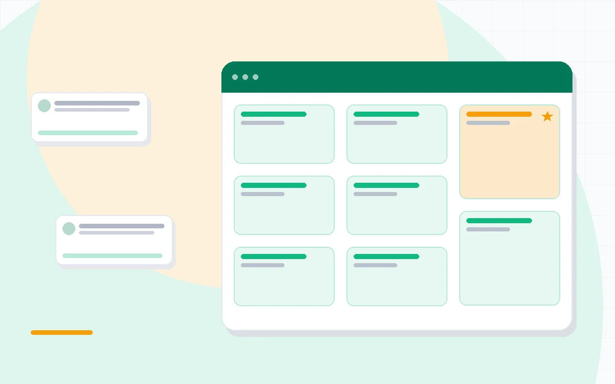 Flat illustration of a kanban board beside a task automation rule panel and a team activity timeline, deep blue and amber palette