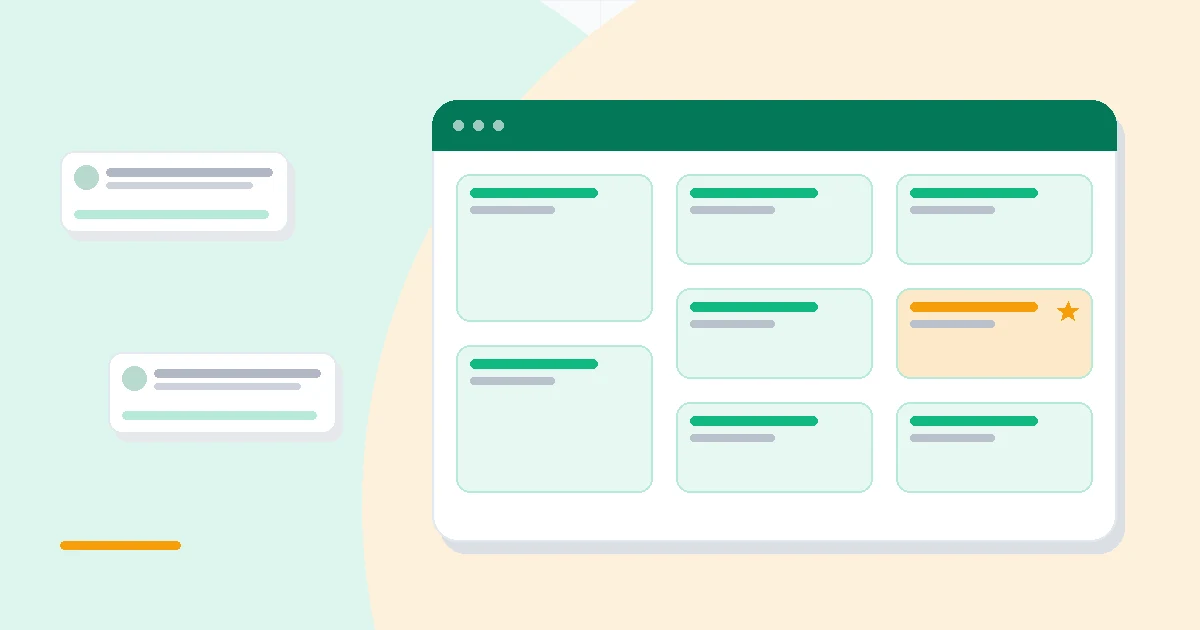 Flat illustration of a kanban board beside a task automation rule panel and a team activity timeline, deep blue and amber palette
