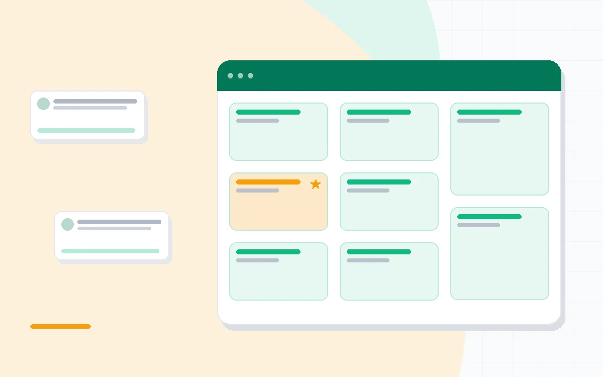 Flat illustration of a kanban task board beside a Microsoft 365 app grid and a timeline view, deep blue and amber palette