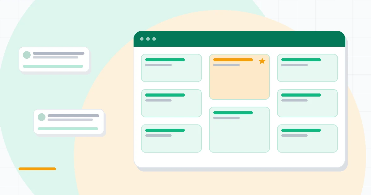 Flat illustration of a kanban task board beside a Microsoft 365 app grid and a timeline view, deep blue and amber palette