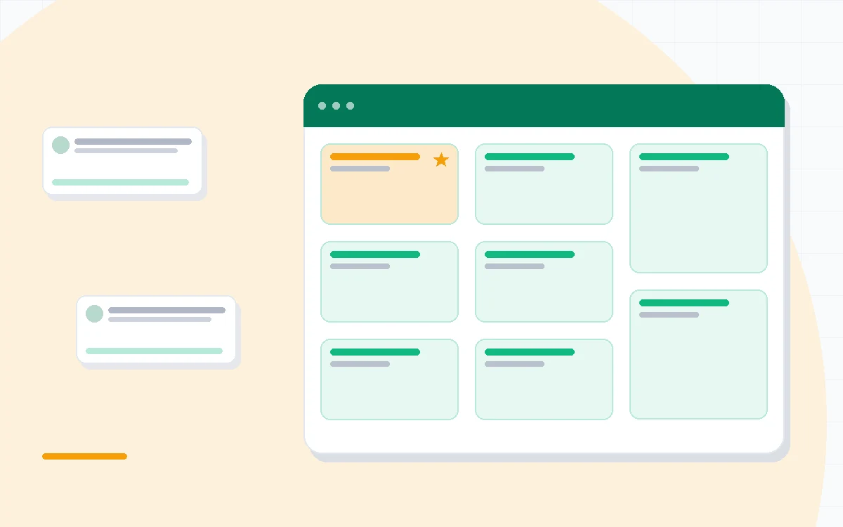 Flat illustration of a Gantt chart timeline beside two rival kanban board cards, deep blue and amber palette