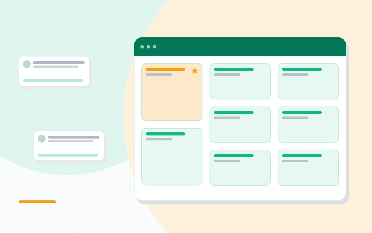 Flat illustration of a Gantt chart beside a spreadsheet grid with connecting arrows, deep blue and amber palette