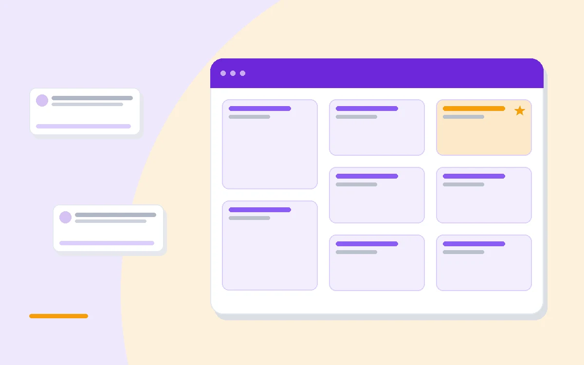 Flat illustration of an AI-generated artwork frame beside two rival design tool cards, deep blue and amber palette