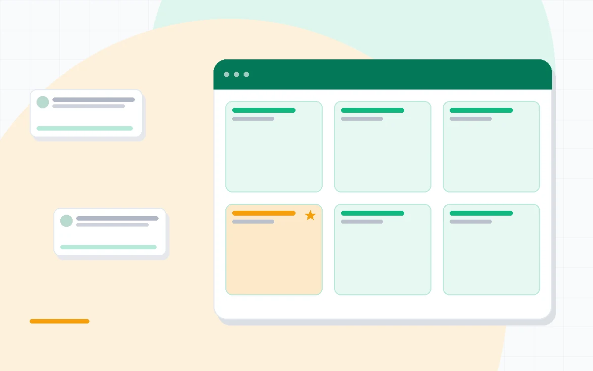 Flat illustration of an infinite whiteboard canvas beside a sticky note cluster and a workshop template icon, deep blue and amber palette