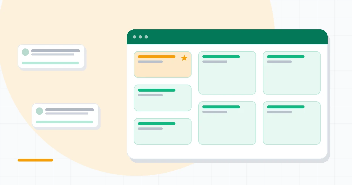 Flat illustration of an infinite whiteboard canvas beside a sticky note cluster and a workshop template icon, deep blue and amber palette