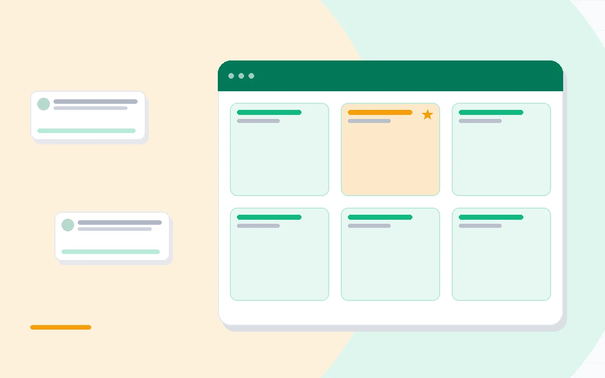 Flat illustration of two whiteboards with sticky notes, one with a wide template shelf and one with a design canvas, deep blue and amber palette