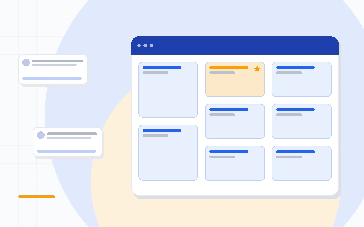 Flat illustration of a sales pipeline board beside an automation flowchart icon and a tiered pricing ladder, deep blue and amber palette