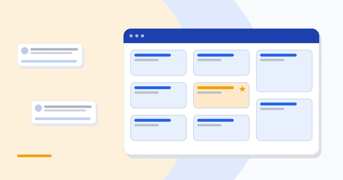Flat illustration of a sales pipeline board beside a contact card stack and a tiered pricing ladder, deep blue and amber palette