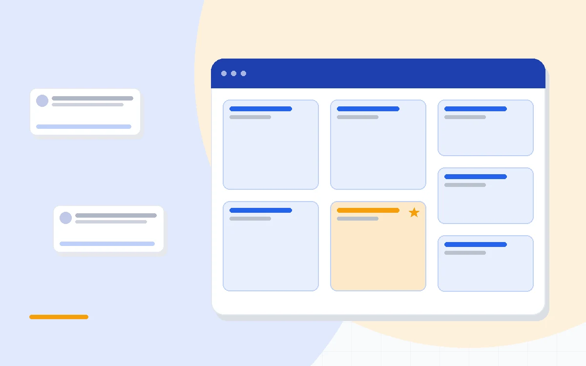 Flat illustration of a flexible board layout beside a staged sales pipeline, deep blue and amber palette