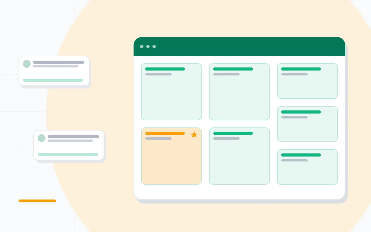 Flat illustration of three workspaces side by side, a colorful board, a task list with owners, and a flexible document database, deep blue and amber palette