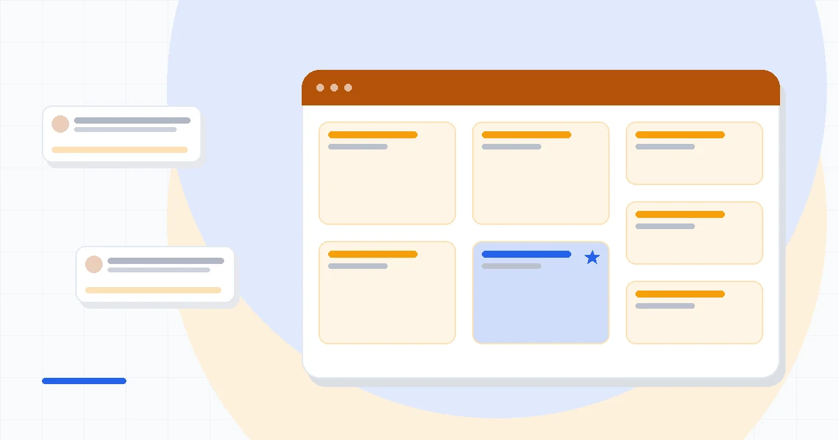 Flat illustration of an email automation workflow canvas with a bold low price tag, connected welcome and abandoned cart sequence cards, deep blue and amber palette