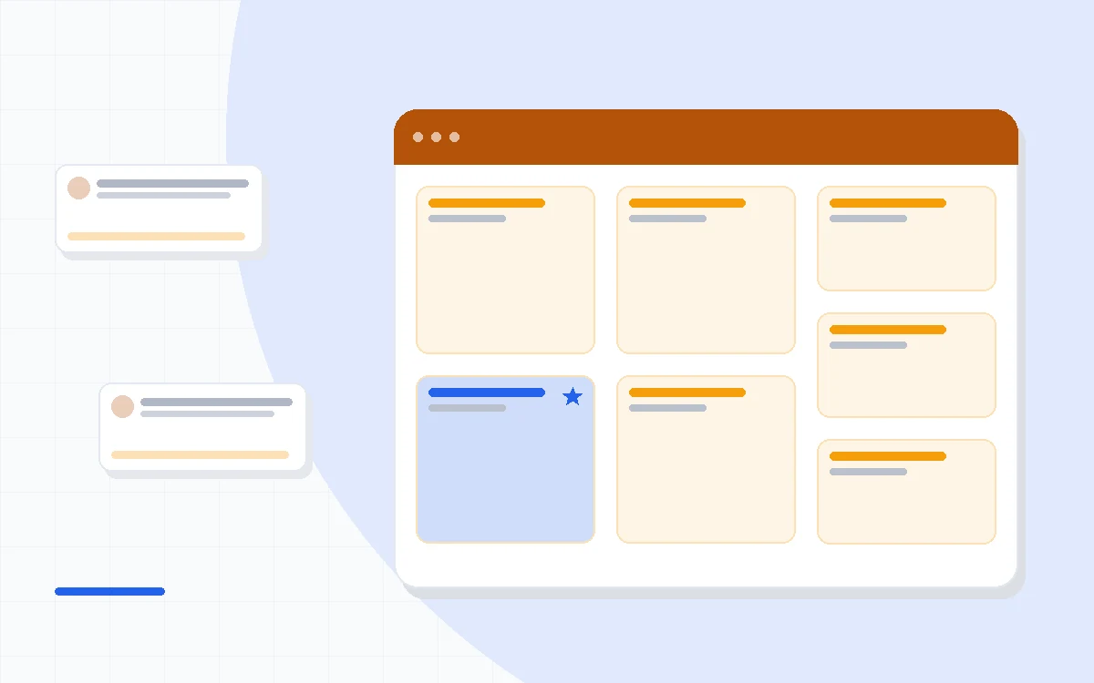 Flat illustration of an email automation workflow with message cards and a calendar, deep blue and amber palette