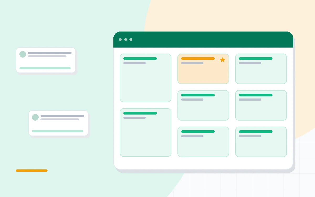 Flat illustration of a project roadmap timeline beside a task board and a shared document panel, deep blue and amber palette