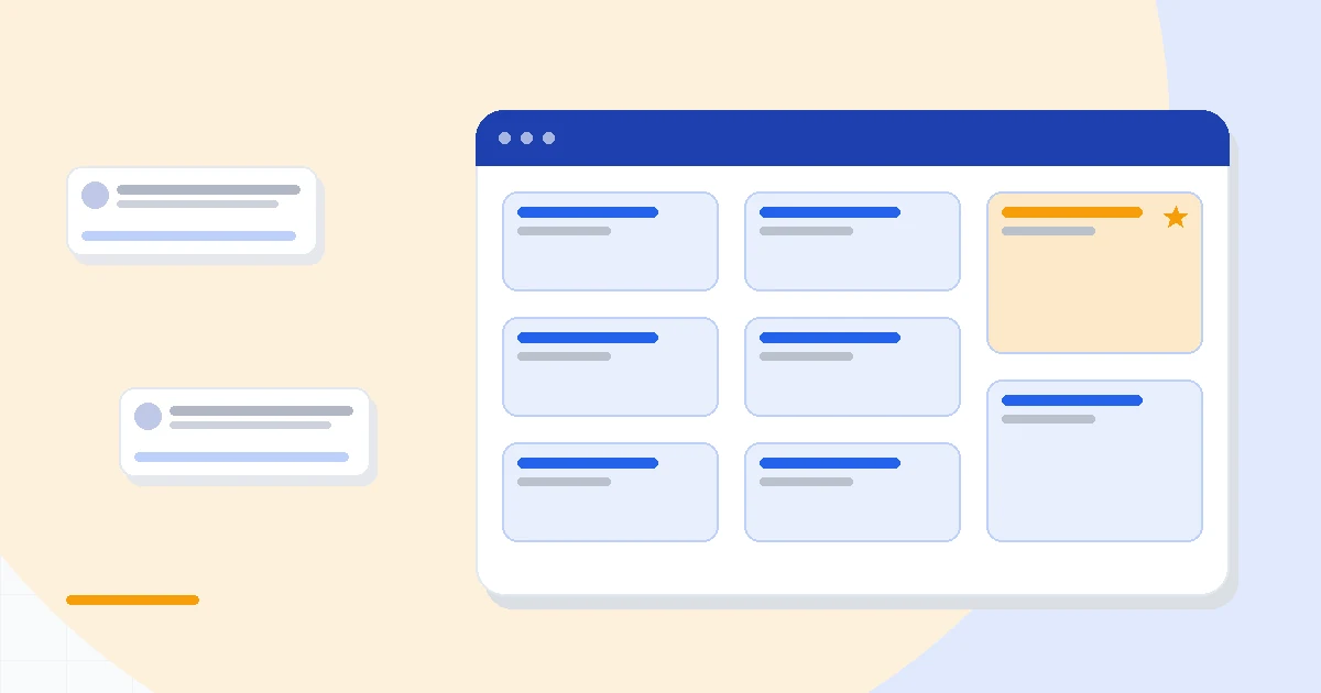 Flat illustration of a CRM contact card enriched with social profile icons and a conversation timeline beside a price tag, deep blue and amber palette