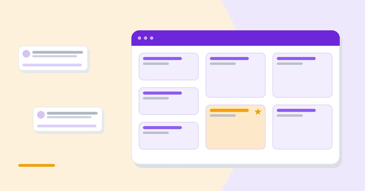 Flat illustration of an AI chat bubble glowing over stacked workspace documents with a coin stack and magnifying glass, deep blue and amber palette