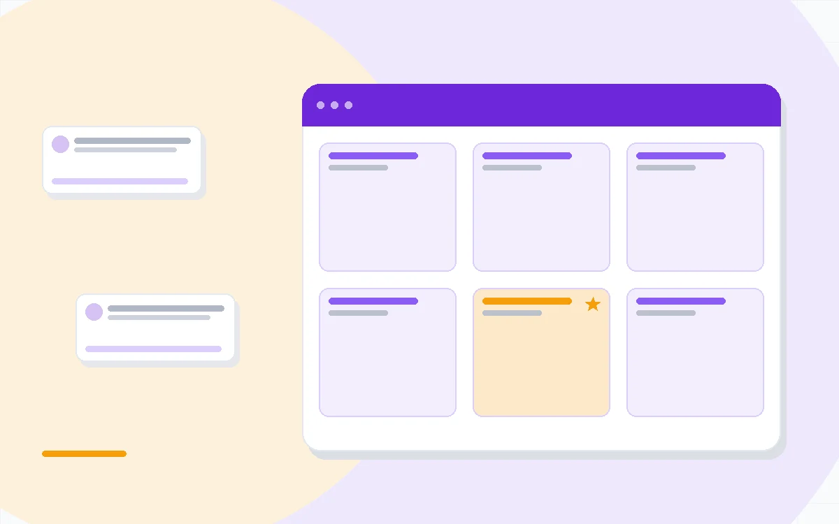 Flat illustration of an AI assistant chat bubble searching through layered workspace documents, deep blue and amber palette