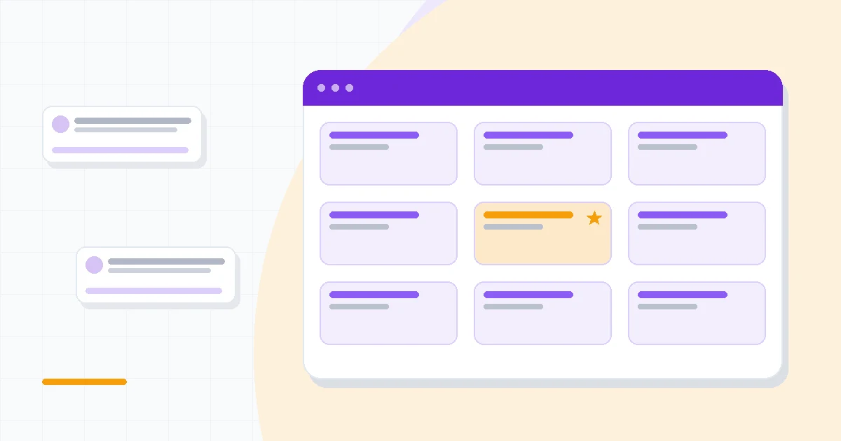 Flat illustration of a notebook workspace beside a chat assistant bubble, deep blue and amber palette