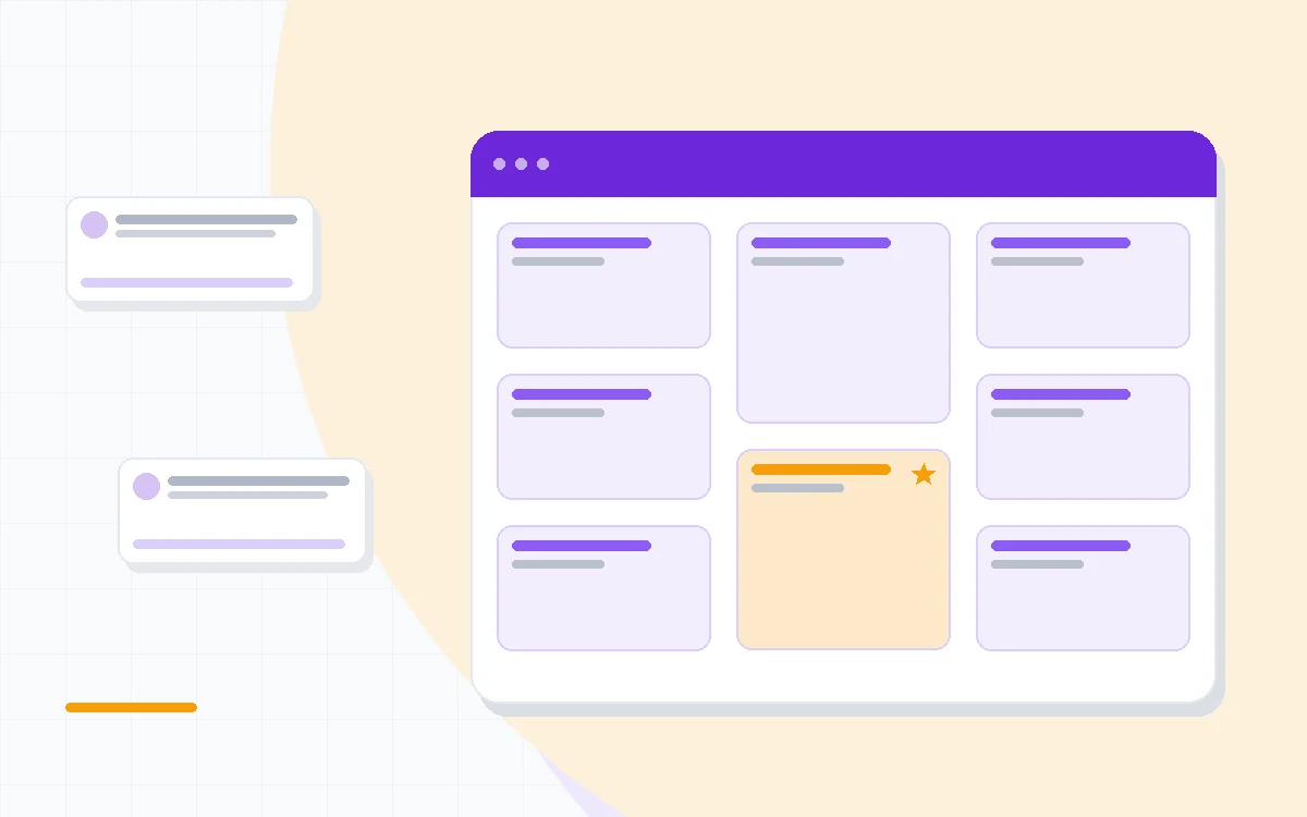 Flat illustration of two overlapping circles, one a notebook workspace and one a chat assistant, deep blue and amber palette