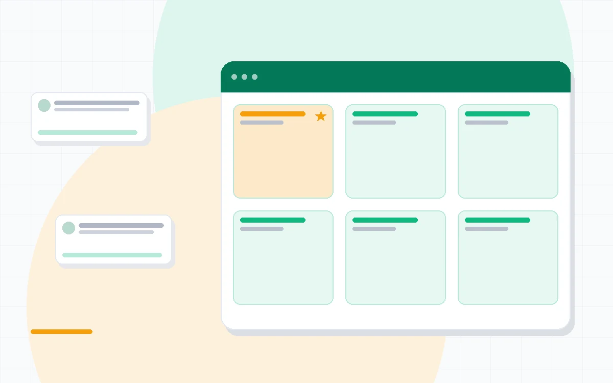 Flat illustration of a document page beside a linked database grid, deep blue and amber palette